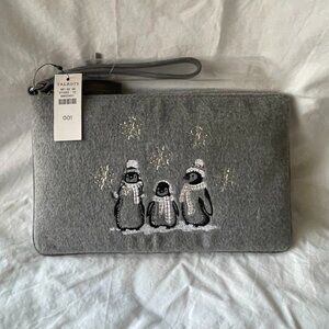 NWT Talbots Gray Felt Penguin Family Embroidered Wristlet Clutch Holiday